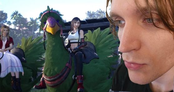Image of myself and the characters Tifa and Aeirth both of whom are on green chocobos