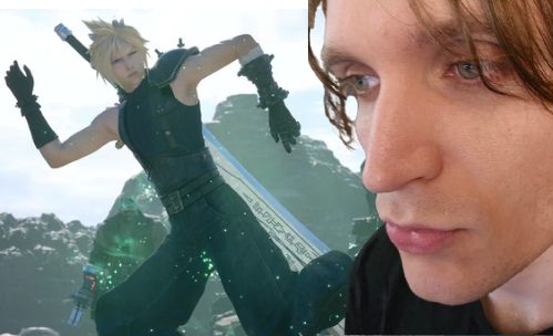 image of myself and cloud strife from Final Fantasy 7 Rebirth as he strikes a silly Cactuar pose