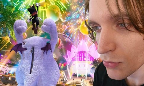 Image of myself and the character Cait Sith from Final Fantasy 7 Rebirth in front of fireworks 