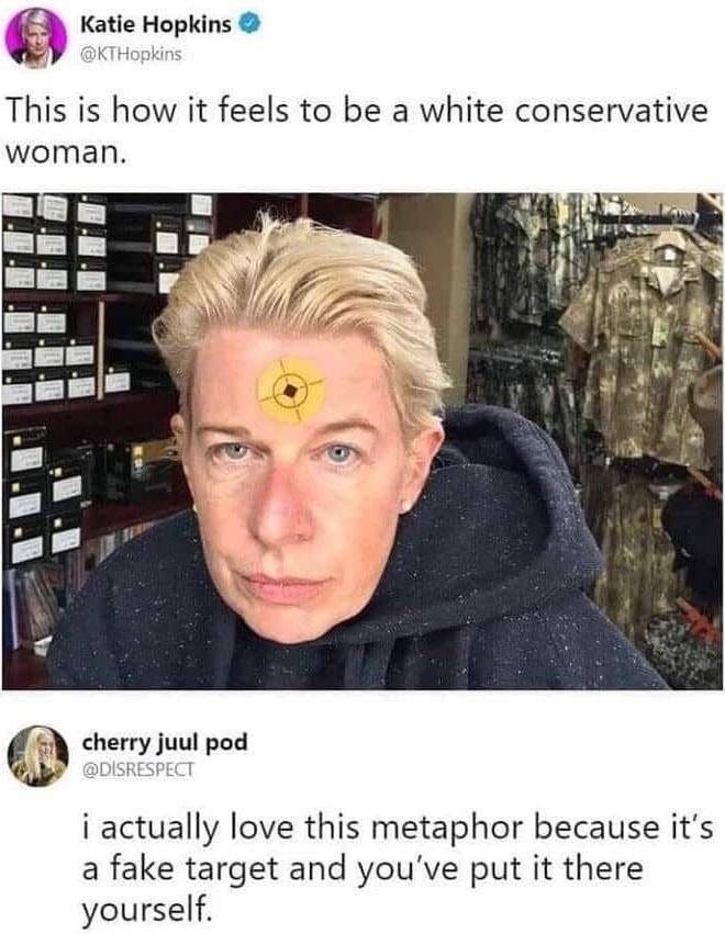 Kate Hopkins on Twitter saying "this is how it feels to be a white conservative woman" with a photo of a paper bulleye target on her forehead. An account responded with "I actually love this metaphor because it's a fake target and you've put it there yourself."
