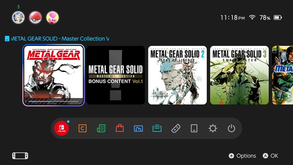menu de nintendo switch com jogos da metal gear solid master collection