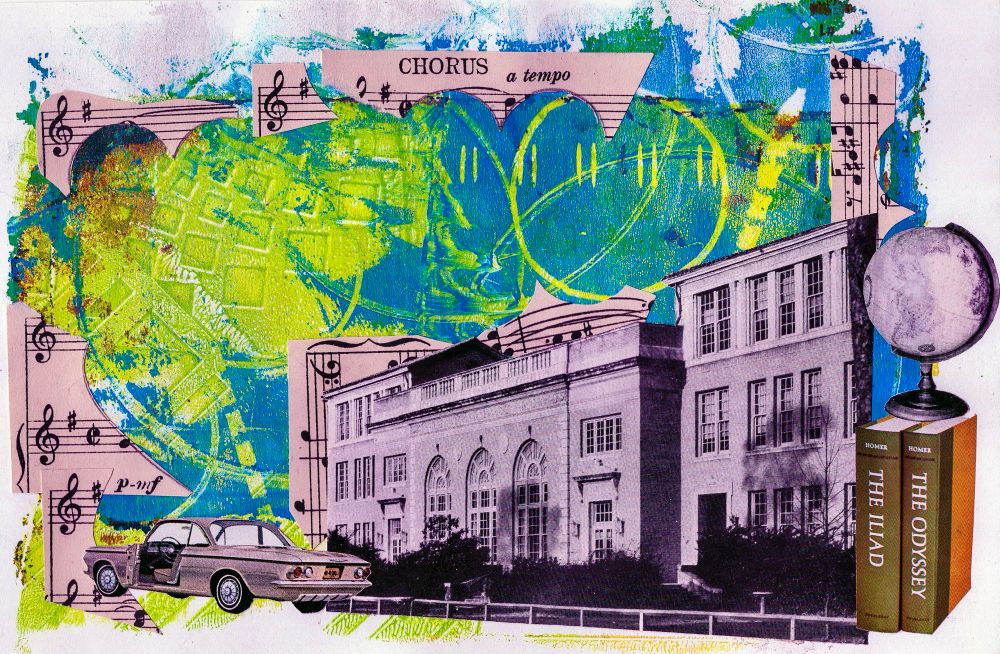 Collage of a school, books, car and globe with ripped up sheet music and a yellow and blue gel print background 