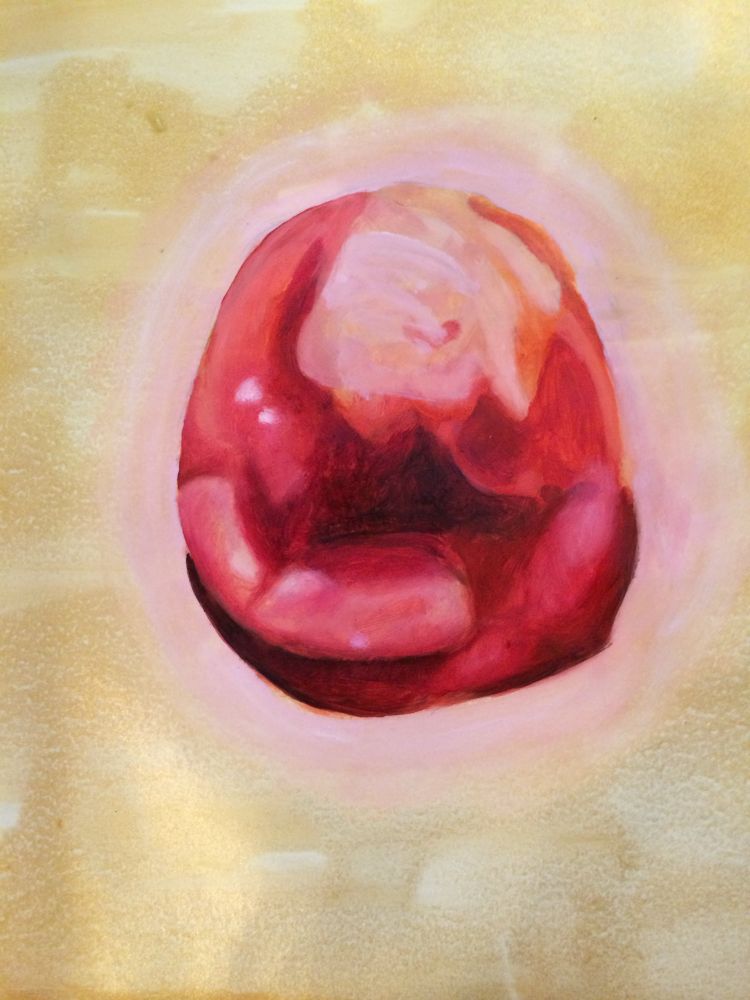 A realistic oil painting of a fisted butthole. Not really prolapsed, but ummmmm loose. It’s done with natural colors with a light pink circle around the rounded hole. It’s on a gold acrylic background. 