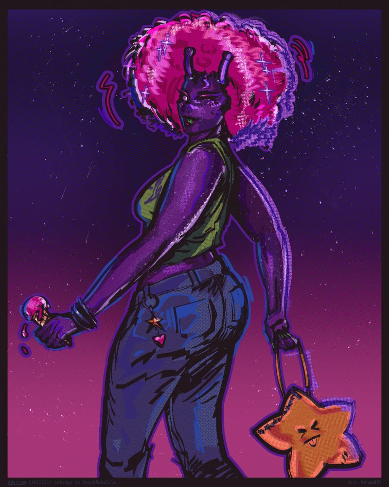 A purple alien woman with starry skin looks over her shoulder, winking and sticking out her green tongue. Her curly hair is like a starfield, or a moon, or cotton candy. The star-shaped handbag in her far hand has a similar expression. The cotton candy-flavoured ice cream in her near hand is dripping. The background is a halftoned starfield.