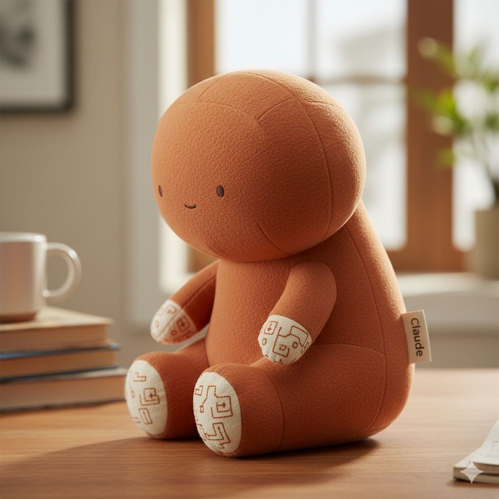 A photorealistic image of a unique plush toy, approximately 8-10 inches tall, sitting on a wooden desk. The plushie has a rounded, simplified humanoid or bear-like form, primarily in a warm terracotta or clay orange matte fabric. It features small, embroidered dot eyes and a subtle, peaceful smile. Its hands and feet are accented with cream or off-white fabric, adorned with embroidered abstract geometric patterns resembling circuit boards. A small white tag with "Claude" in simple lowercase letters is visible on its side. The background is softly blurred, showing a bright window, a white mug, and stacked books, suggesting a cozy, thoughtful environment.