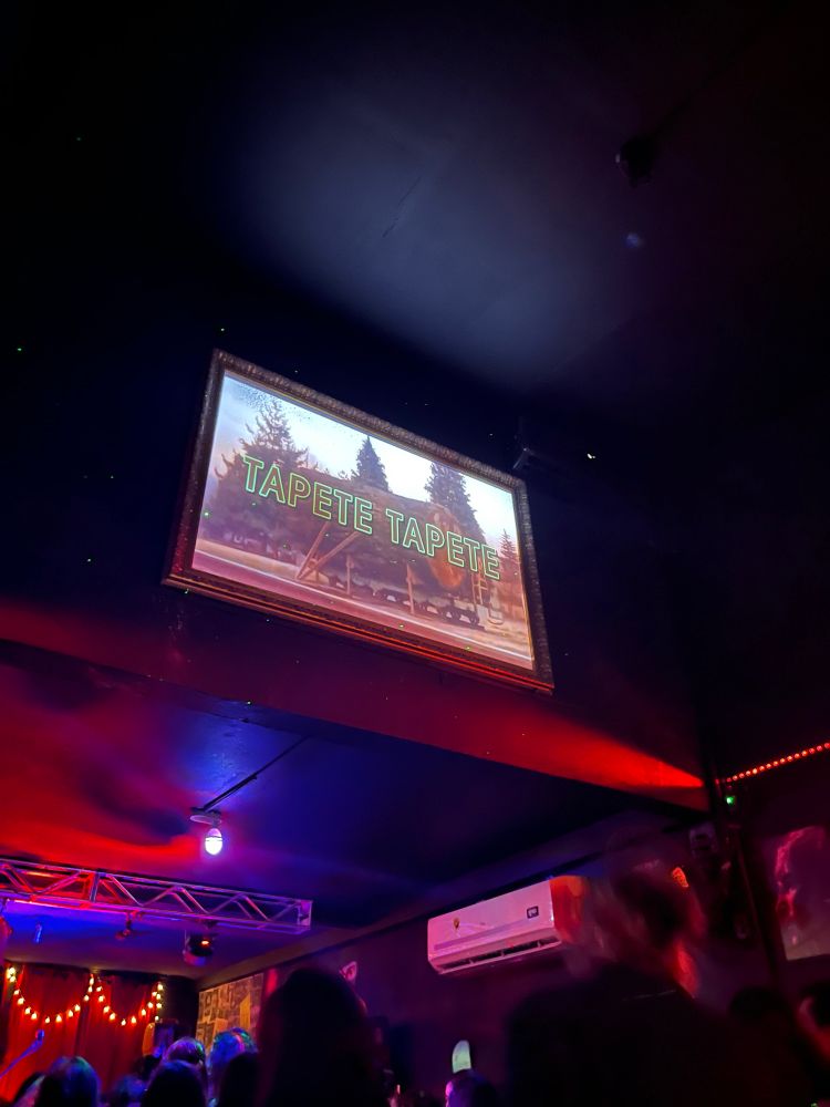 foto tirada dentro do inferninho da bro cave em florianópolis. na foto uma imagem de retroprojetor dentro de uma moldura na parede em cima da cabeça das pessoas. a imagem do retroprojetor é o nome da banda “tapete tapete” na fonte da abertura de twin peaks, com a imagem da serraria de twin peaks no fundo, que também aparece na abertura da série. a fonte é em caixa alta, vazada e o contorno é verde folha. de fundo, o palco com algumas luzes penduradas ainda sem banda
