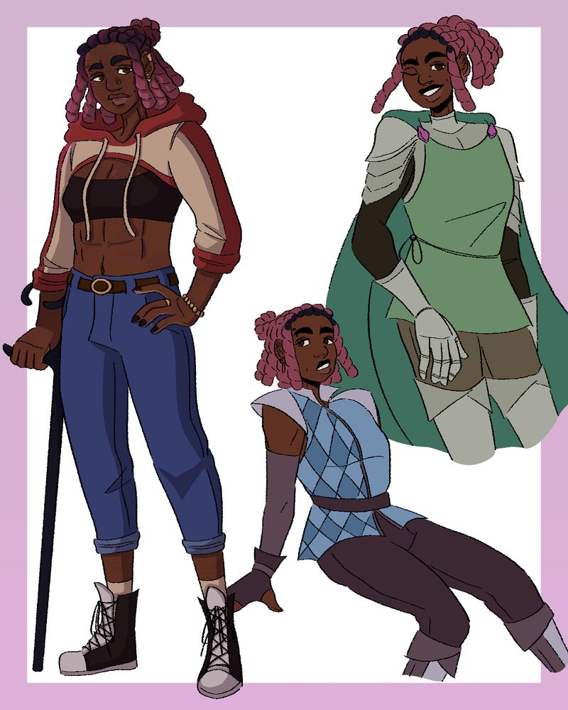 character art sheet of my oc, petra, in three different poses. she is a black woman with dyed pink hair that is styled in twists. the pose on the left is full body, with her in a shrug hoodie, black sports bra, and blue jeans. her abs are out and she is standing with a cane. the center pose has her sitting down, dressed in more fantasy-esque clothes. the right pose has her standing in silver armor with a green surcoat and cape.