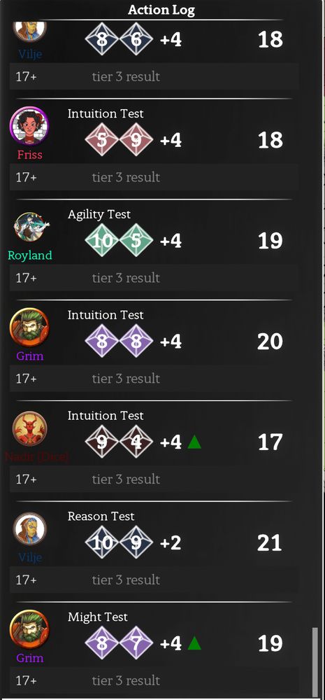 A list of rolled results, all tier 3. The lowest roll being a 17.