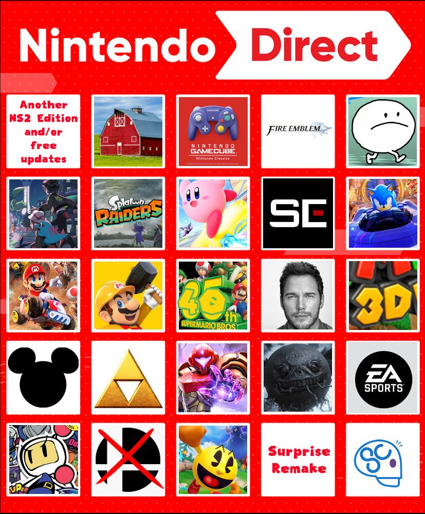Nintendo Direct Bingo Card, predictions from top left to bottom right.

Another NS2 Edition and/or Free Updates for NS1 games, Farm Sims, Gamecube NSO Online, Fire Emblem, Rhythm Haven, Pokemon Legends Z-A, Splatoon Raiders, Kirby Air Riders, A Square Enix game, Sonic Racing Crossworlds, Mario Kart World getting updated, a new Mario Maker, Mario's 40th Anniversary in the free space, The Mario Movie Sequel, a new 3D Mario, a Disney game, Zelda, Metroid Prime 4, Duskbloods, EA Sports, a new Bomberman, Smash Bros not being present, Pac Man World 2 Re-Pac, a surprise remake, a spike chunsoft game.