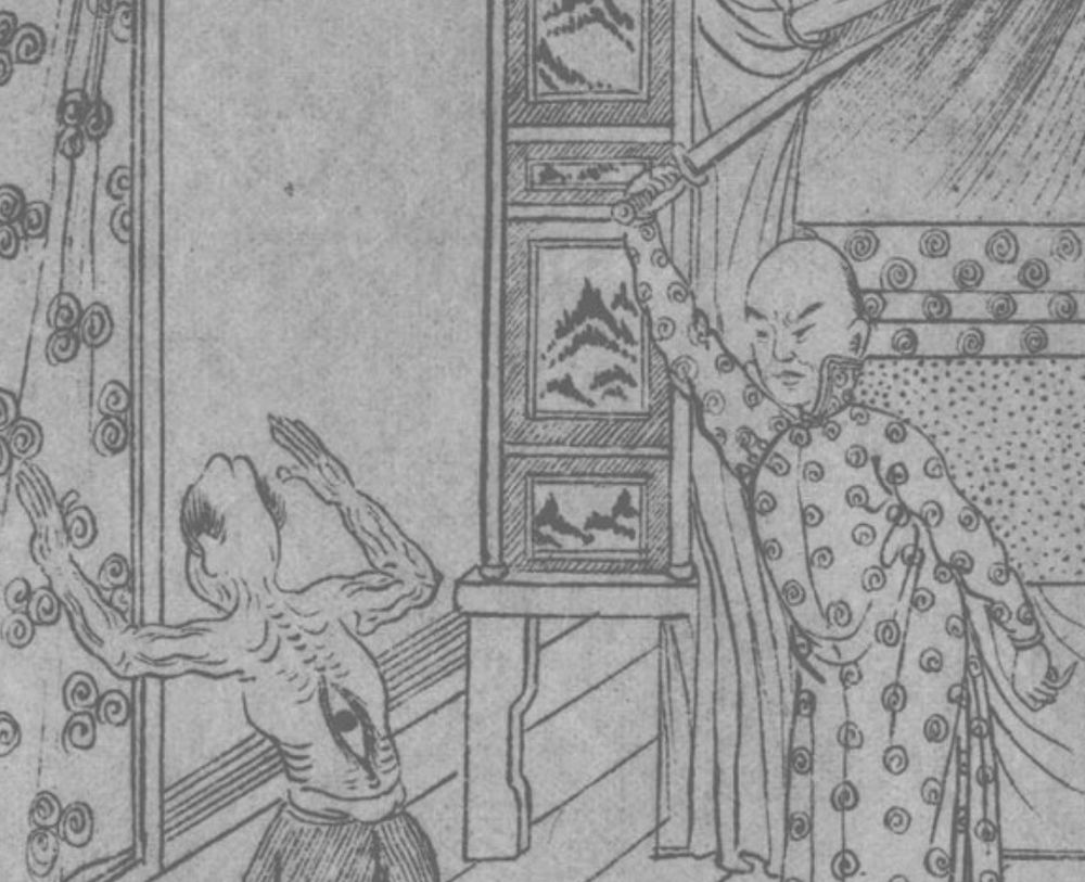 A closeup of the guy swinging a sword at the demon with an eye in its back