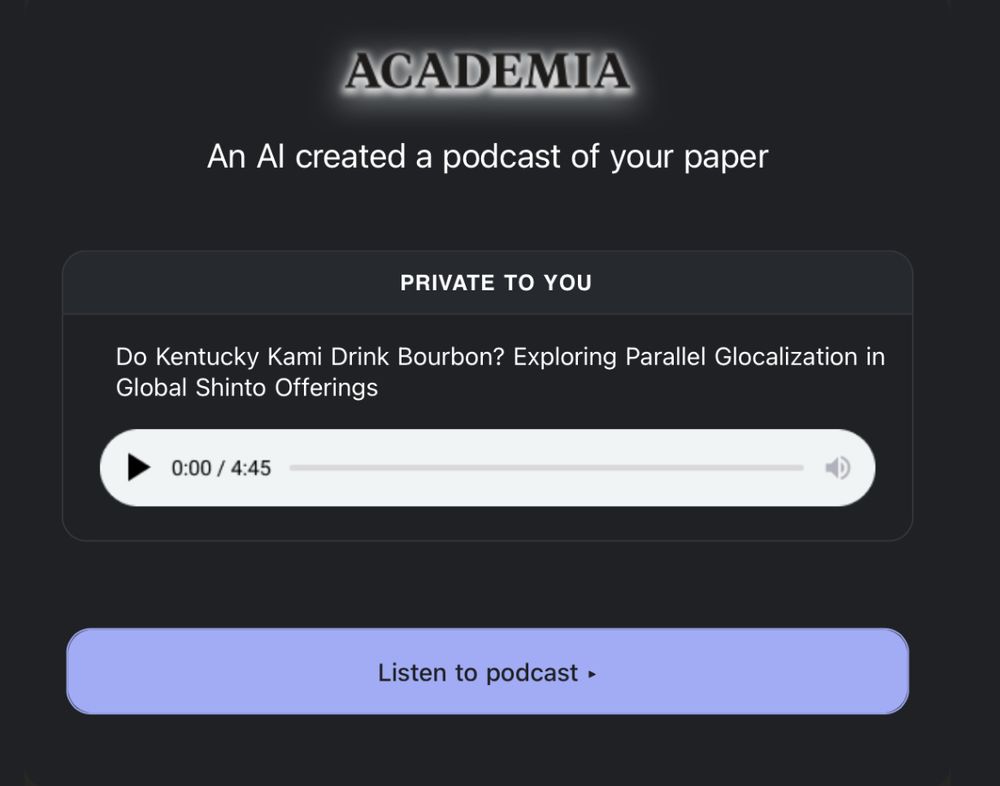 Screenshot of an email from Academia.edu announcing that the platform fed my article”Do Kentucky Kami Drink Bourbon? Exploring Parallel Glocalization in Global Shinto Offerings” to an AI and generated a <5 minute “podcast” based on the content