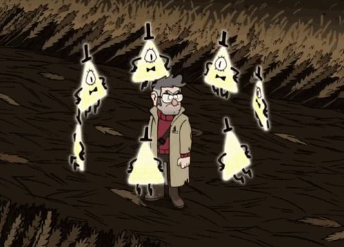 a man in a trench coat is surrounded by glowing triangles with numbers 1 through 5 on them