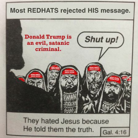 Graphic from a Sunday School lesson show Jesus’s silhouette saying “Donald Trump is an evil, satanic criminal” to a crowd of MAGA-hatted Pharisees who respond: “Shut up!”

Caption reads: “They hated Jesus because He told them the truth (insert reads: Gal. 4:16).