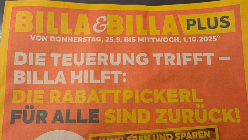 Billa-Prospekt mit dem Text "Die Teuerung trifft - Billa hilft: Die Rabattpickerl für alle sind zurück"