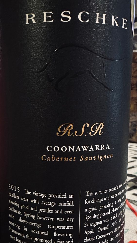 A bottle of Reschke RSR 2015 Coonawarra Cabernet Sauvignon.