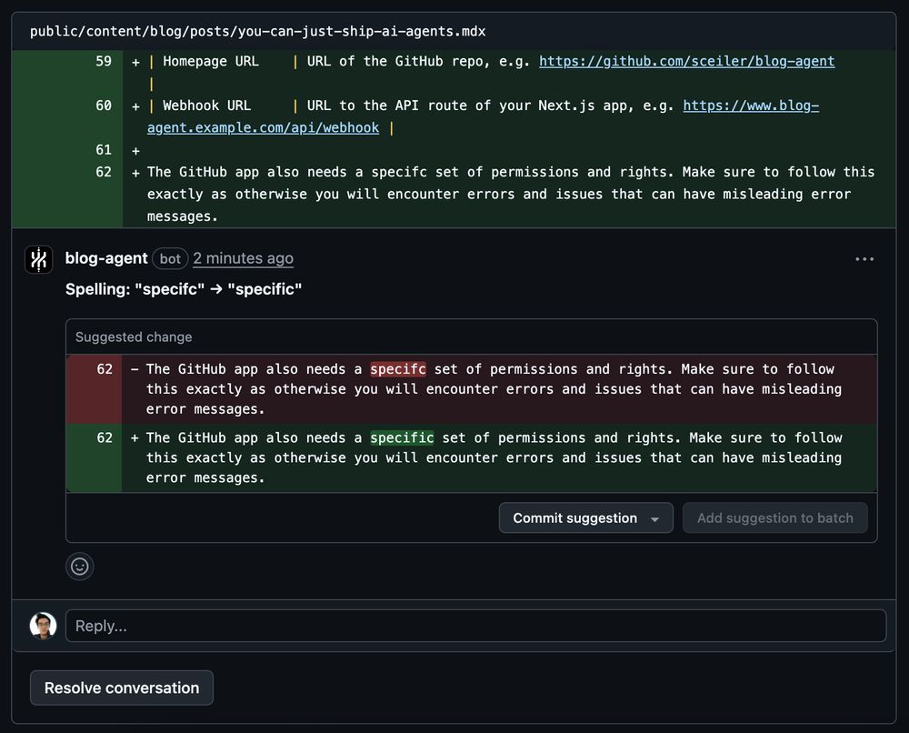 Screenshot that shows a GitHub code review suggestion.