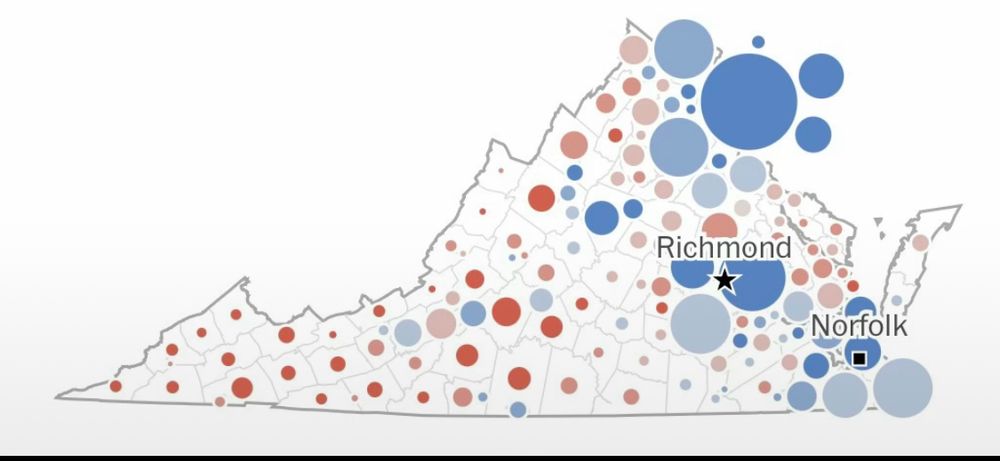 Voting map of Virginia in clear blue and red circles