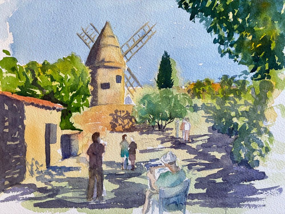 Watercolour painting of a windmill with people  in the foreground