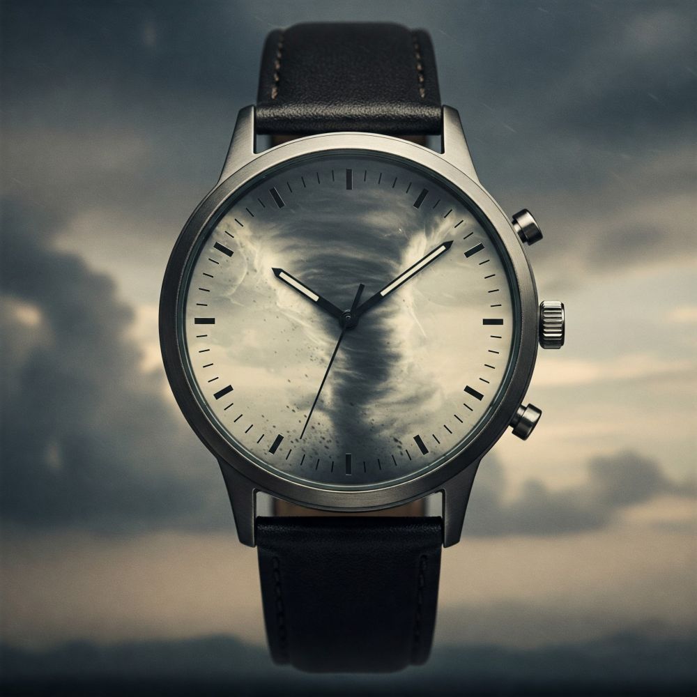 A wristwatch with an image of a tornado on the face, a literal "tornado watch".