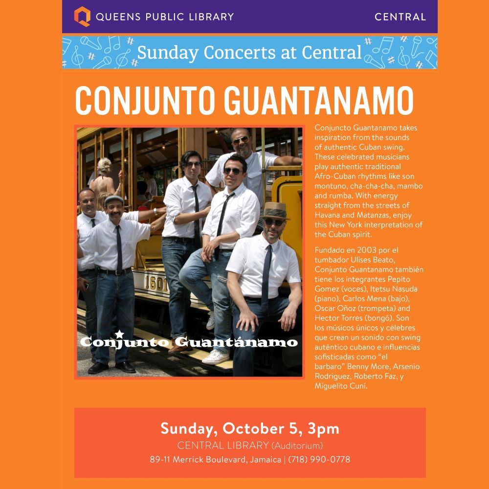 Promotional graphic for the QPL in-person program Sunday Concerts at Central presents Conjunto Guantanamo.