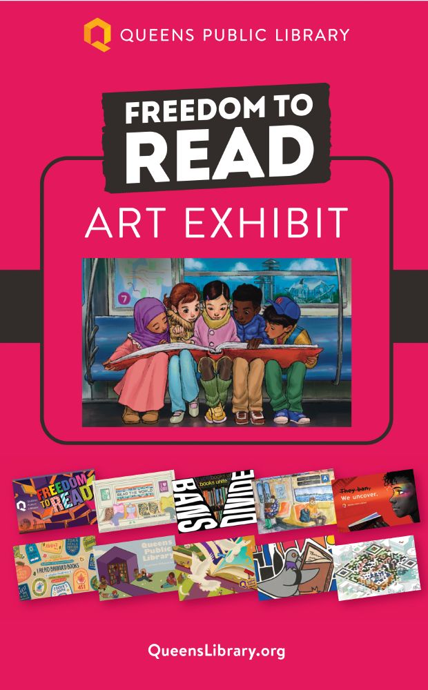 Promotional poster for QPL's Freedom to Read Banned Books Art Exhibit.
