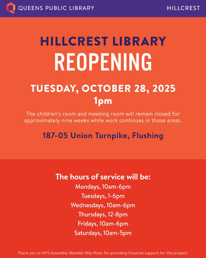 Promotional poster for the October 28 reopening of Hillcrest Library.