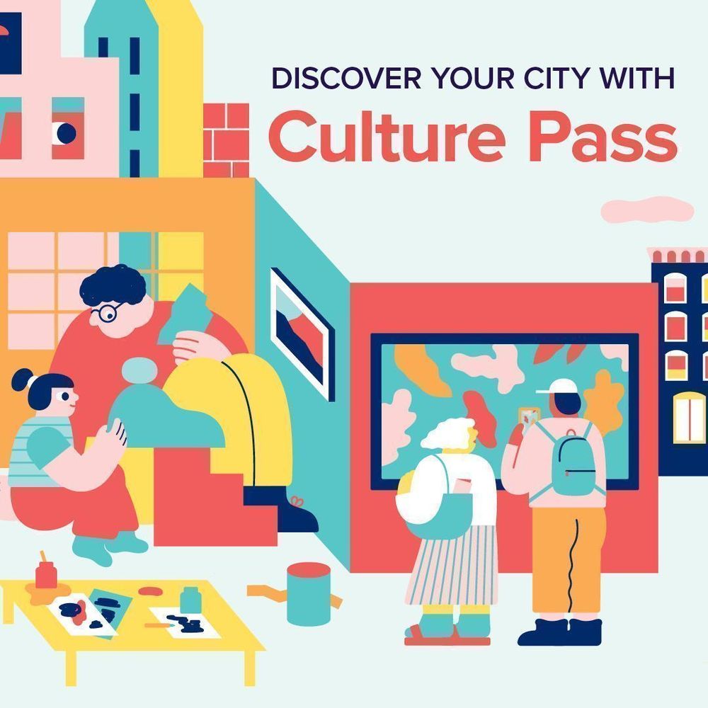 Abstract drawings of people visiting museums and other cultural institutions, with the words "Discover Your City with Culture Pass" at the top.