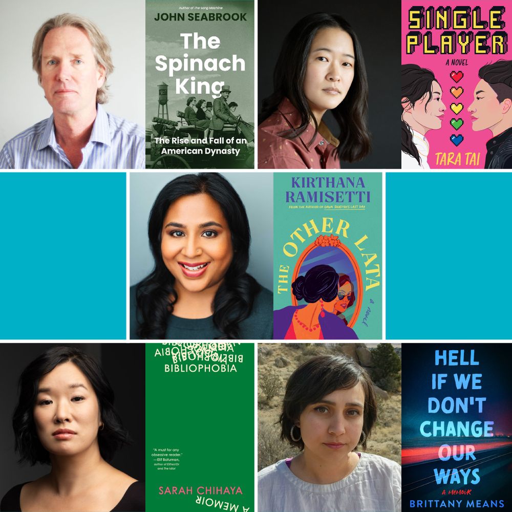 Pictures of our July Literary Thursdays guests—John Seabrook, Tara Tai, Kirthana Ramisetti, Sarah Chihaya, and Brittany Means—and their book covers.