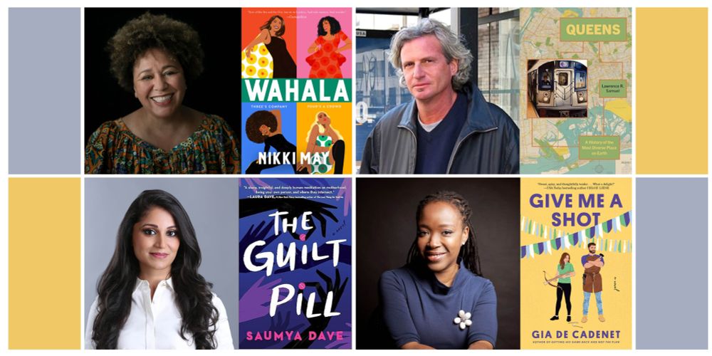 Pictures of our August Literary Thursdays guests—Nikki May, Lawrence R. Samuel, Saumya Dave, and Gia de Cadenet—and their book covers.