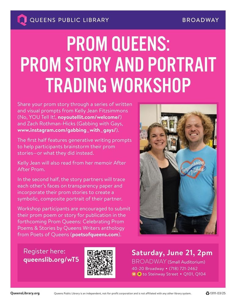 Promotional flyer for the QPL program Prom Queens: Prom Story and Portrait Trading Workshop.