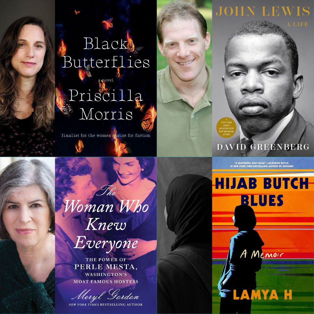Pictures of our March Literary Thursdays guests—Priscilla Morris, David Greenberg, Meryl Gordon, and Lamya H—and their book covers.