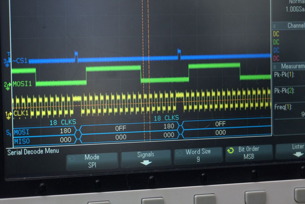 SPI decode, showing 9bit packets