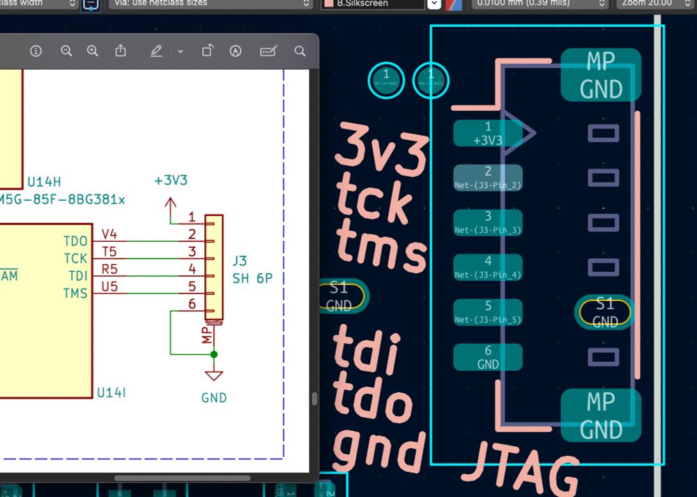 Electrical schematic showing pin ordering into a connector. Next to the PCB layout which has silkscreen that in no way matches.