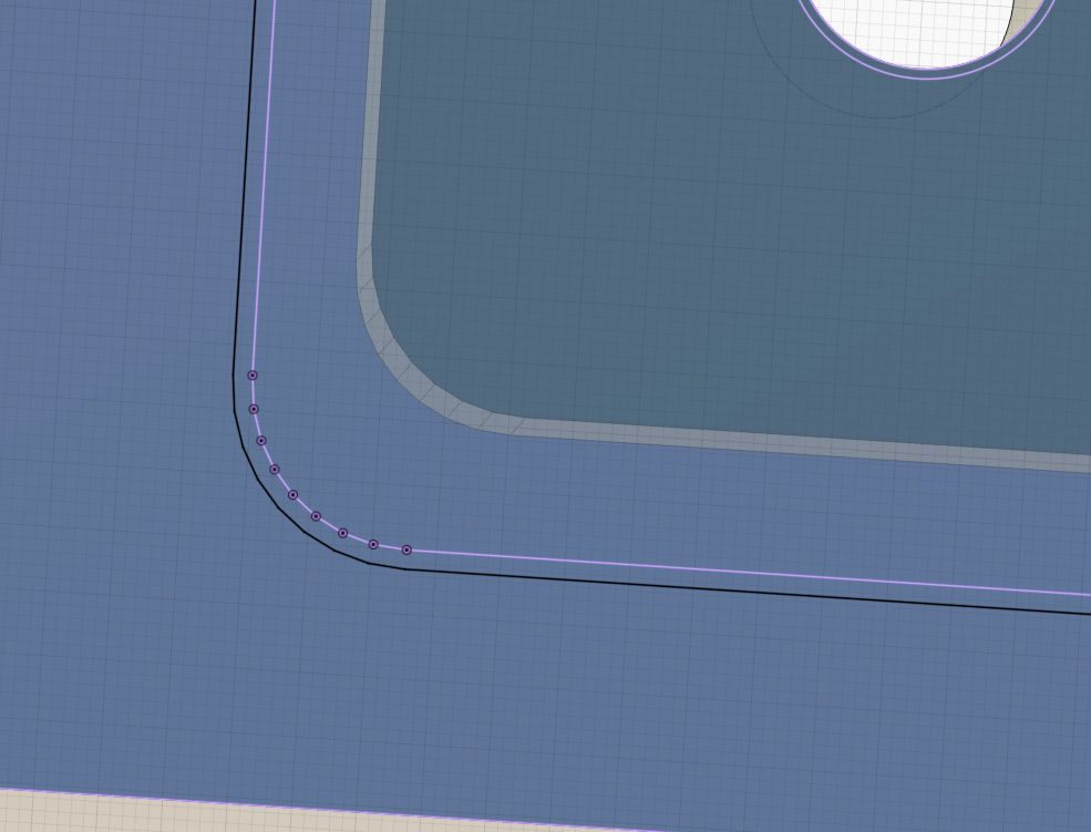 View from 3d CAD, showing a rounded corner of an object, except it's not actually round, rather lot of straight lines.
