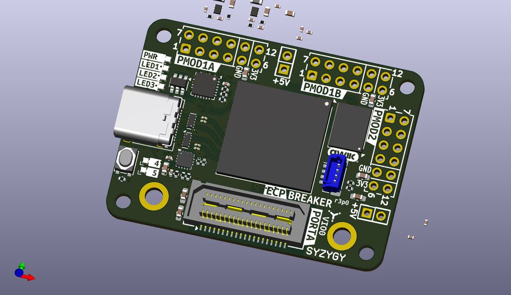 Circuit board rendering. A USB-C port and chips are visible. The board is labelled ECP Breaker r3p0