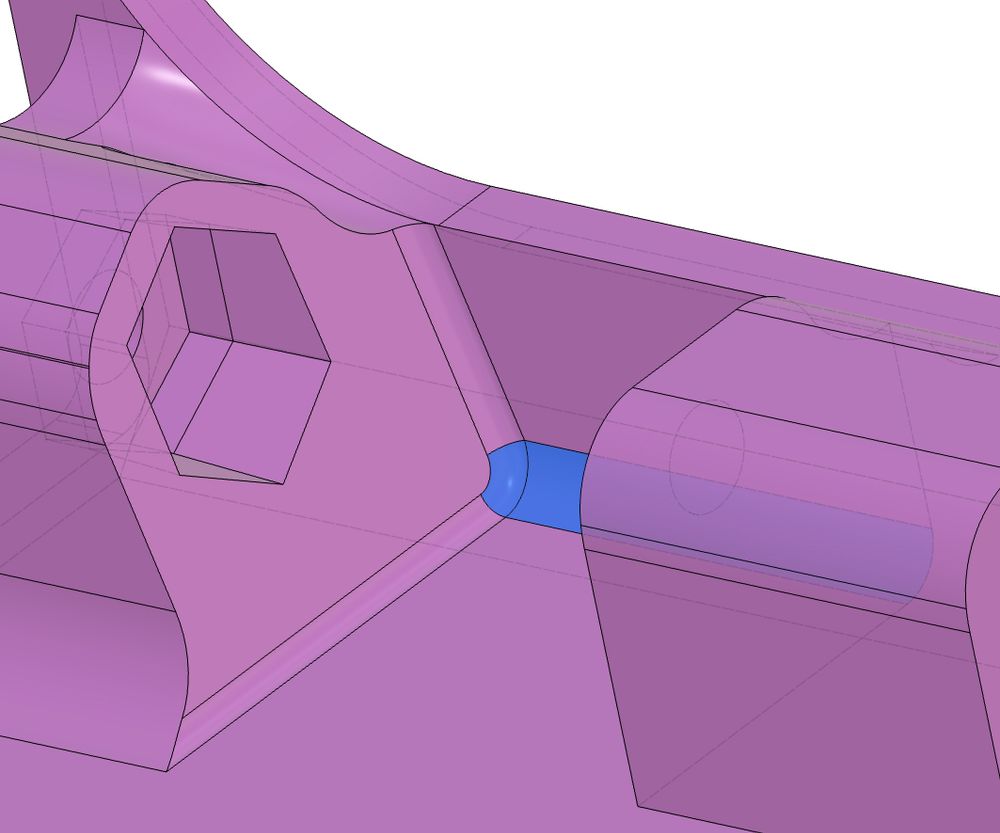 3d CAD showing a fillet inside a corner of a part, the geometry is using native rounded surfaces, and looks clean.