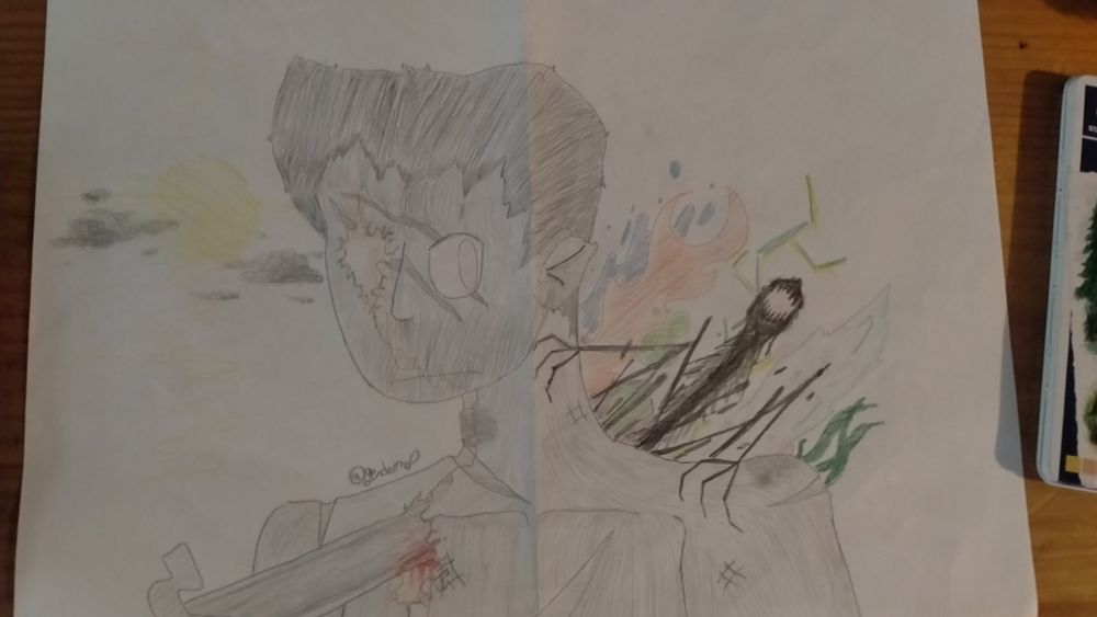 A pencil drawing of a statue in the image of a man, there is a sword stabbing through their chest with blood going onto the blade and opening the statue partly like plaster around the sword and the right eye. Out the back of the statue is a 'void-ling' and a bunch of elements.