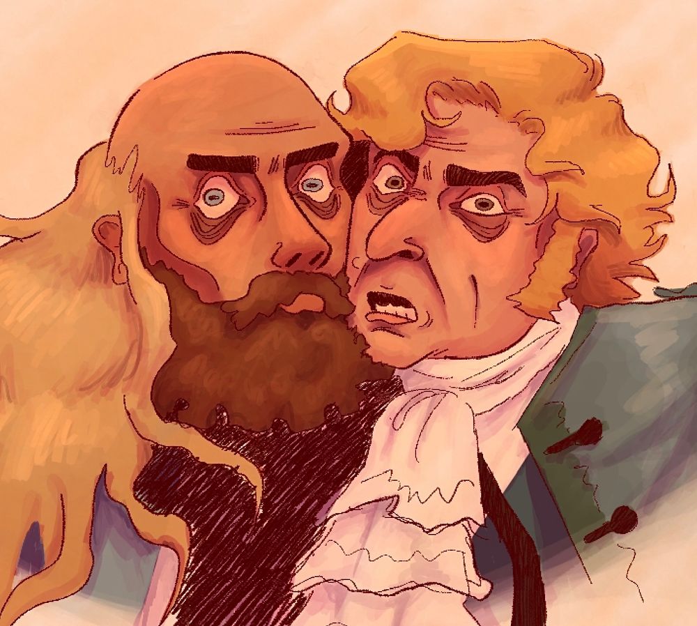drawing of stede and buttons from the shoulders up. they are leaning against each other with their cheeks smushed together. buttons has his signature thousand-yard stare, stede is squinting, both are looking past the fourth wall. they are in love.