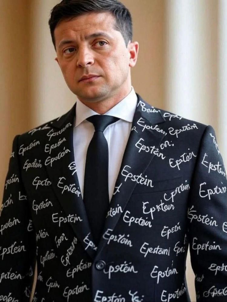 A photo of President Zelensky in a suit jacket that has Epstein written all over it.