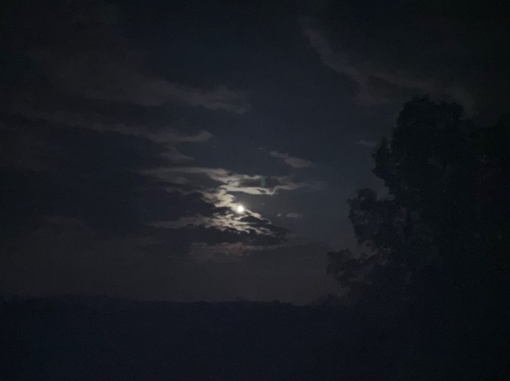 Photo of moon behind clouds at night in a rural setting