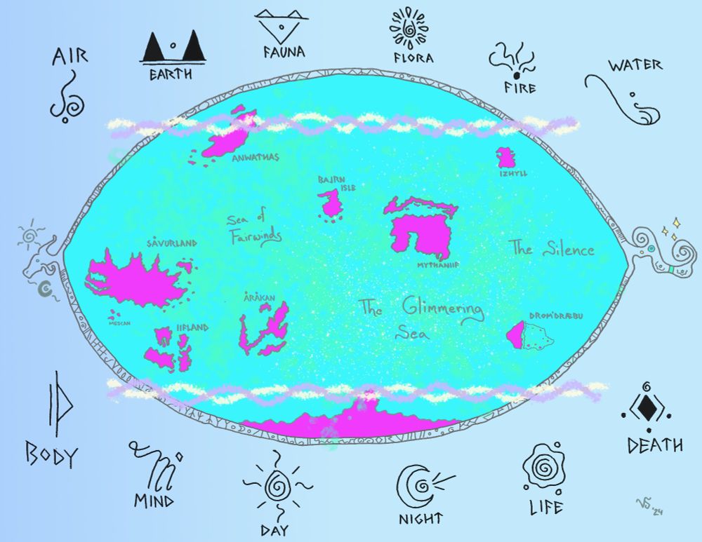 A color map shaped like an eye featuring a world populated with small islands. The map is surrounded by runes representing the 12 Domains of magic: Air, Earth, Fauna, Flora, Fire, Water, Body, Mind, Day, Night, Life, and Death.