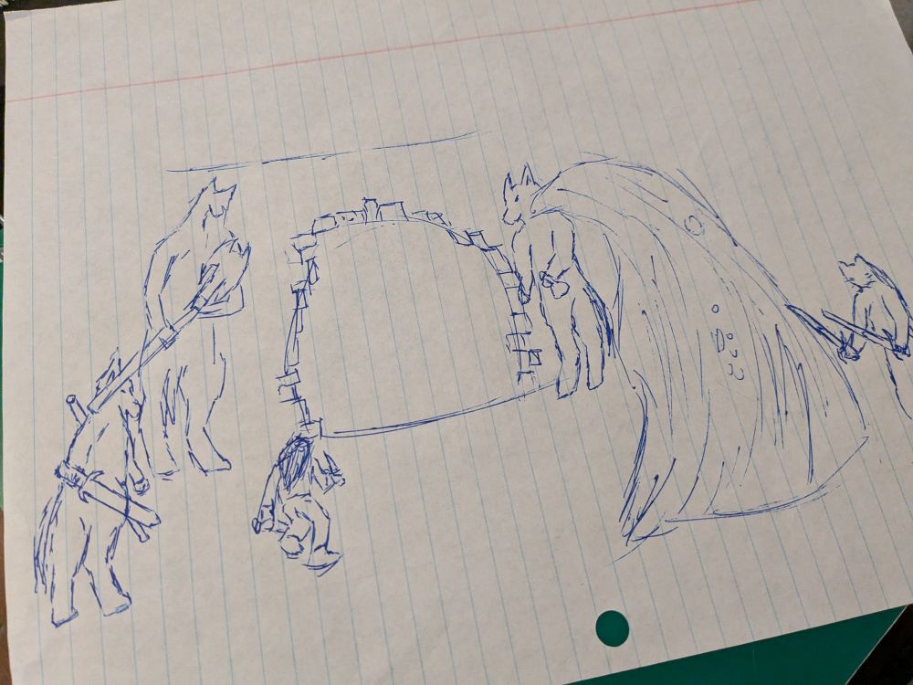 A sketch of the characters from a Runemaker session at Gamehole Con. Several Hundan and a Halfling surrounding a Corrosive Elemental.