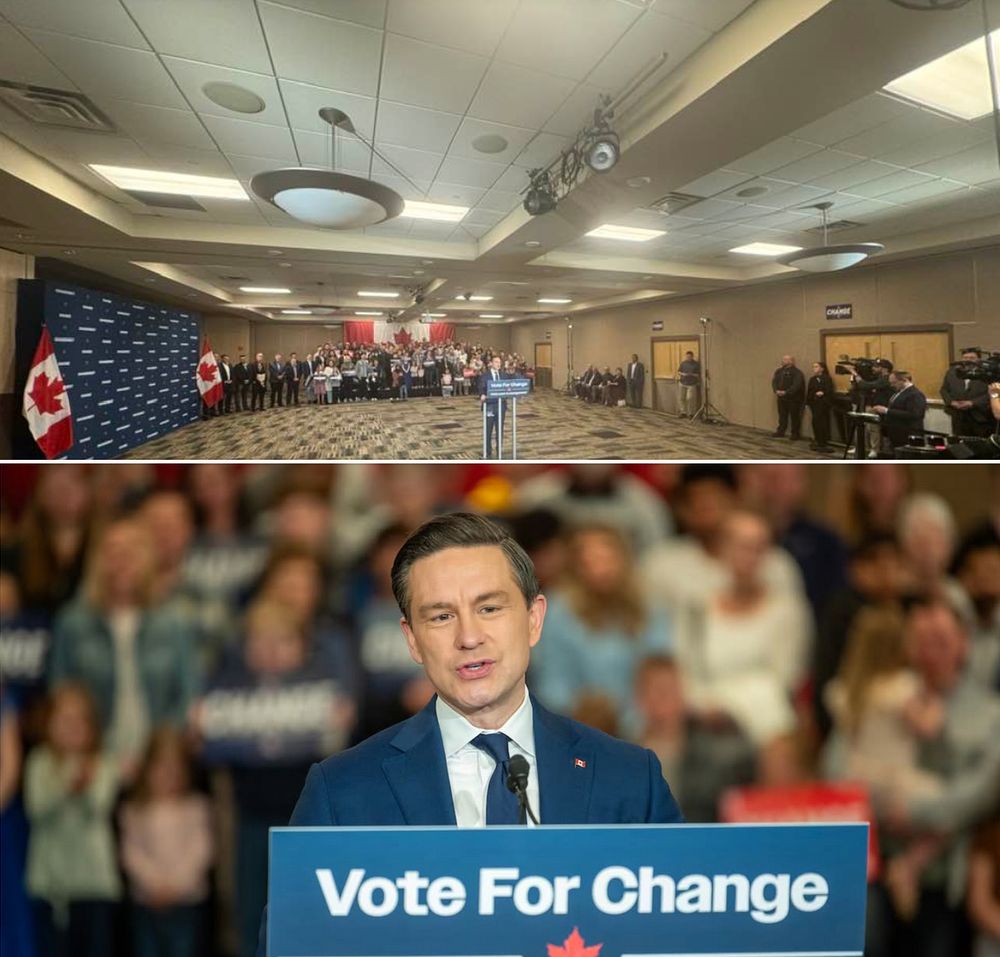 Poilievre set up to use forced perspective to fool the camera.