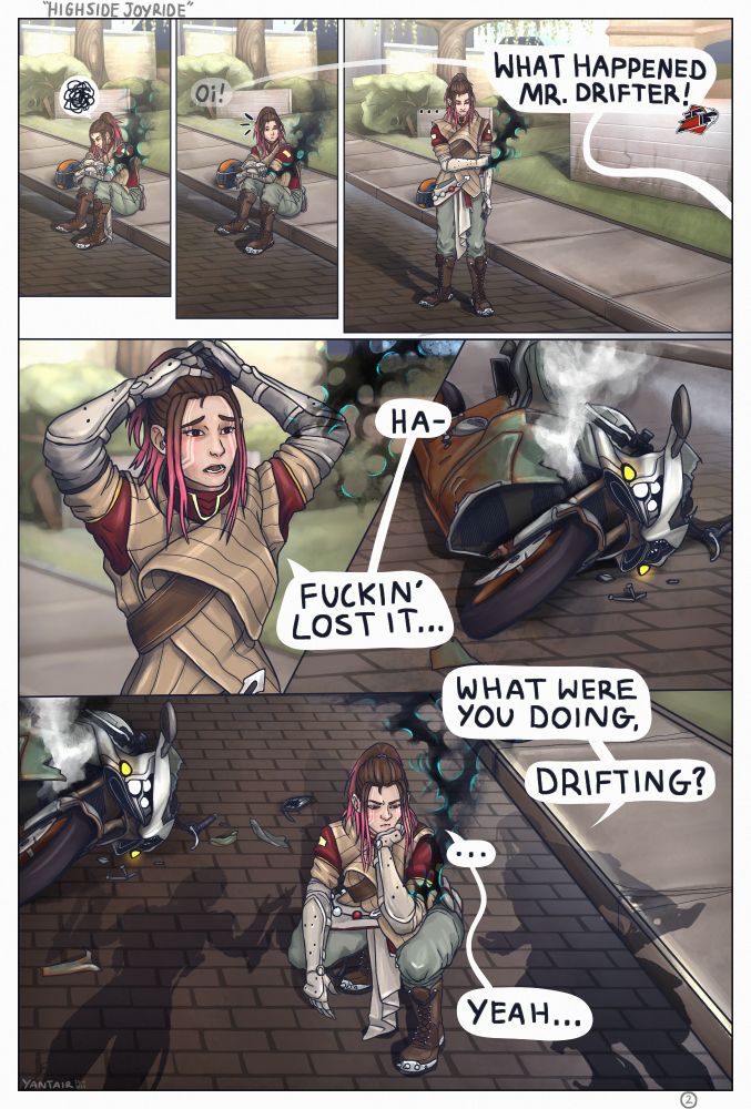 drifter sitting on the curb, she is called out to my quincy. her arm is injured and void smoke coming from her arm. relates to a old meme video // Q: Oi - What happened mister drifter / D: Ha- fuckin' lost it... / Q: what were you doing, drifting? / D: ... / Yeah...