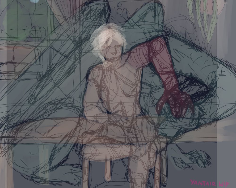 scribble drawing of a scene of my oc tiffany sitting at a table working on her journal, with cupcake the dragon bf behind her, she is slamming his head down because he's bothering her