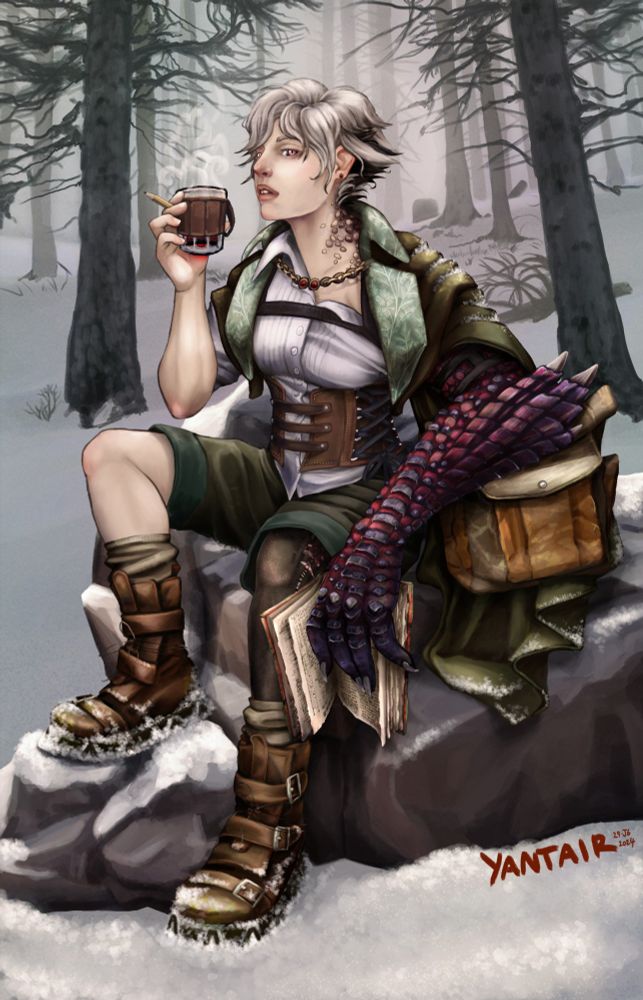 Woman resting on rock, in a snowscape, drinking from a cup with her right hand. She has a large red dragonic left arm, holding her notebook, is resting on top of a backpack.