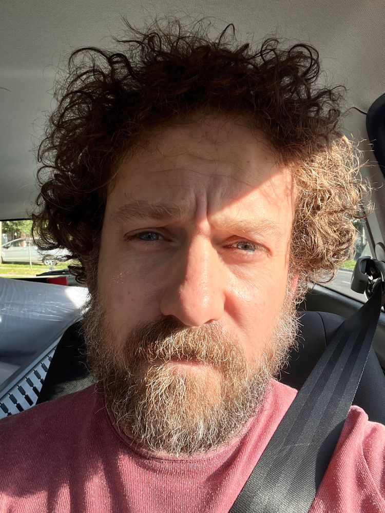 Yo. Con demasiado pelo, despeinado, enrulado, sentado en mi auto con el cinturón de seguridad puesto 