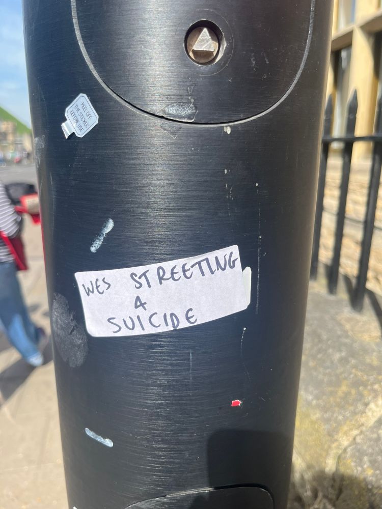 Handwritten sticker on lamp post says 'WES STREETING 4 SUICIDE'
