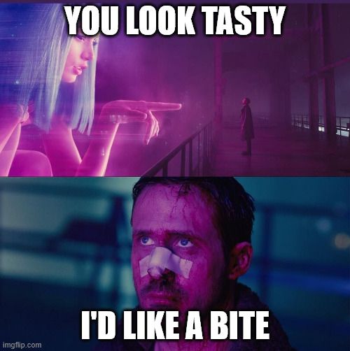 hornyposting on main with meme template; scene from bladerunner featuring a hologram speaking to the protagonist, with dialog changed.

"You look tasty."

The format cuts to the protagonist, as hologram finishes.
"I'd like a bite.