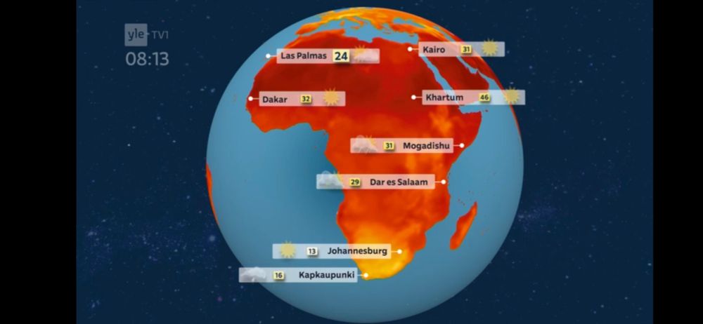 Maapallon lämpötiloista kuva Afrikan kohdalta.
Khartumissa on kuuma, +46°C!